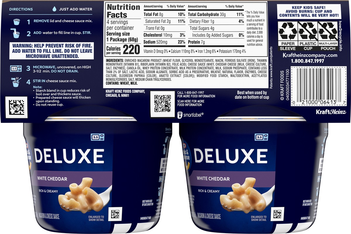 slide 2 of 9, Kraft Deluxe White Cheddar Mac & Cheese Macaroni and Cheese Dinner, 4 ct Pack, 2.39 oz Cups, 4 ct