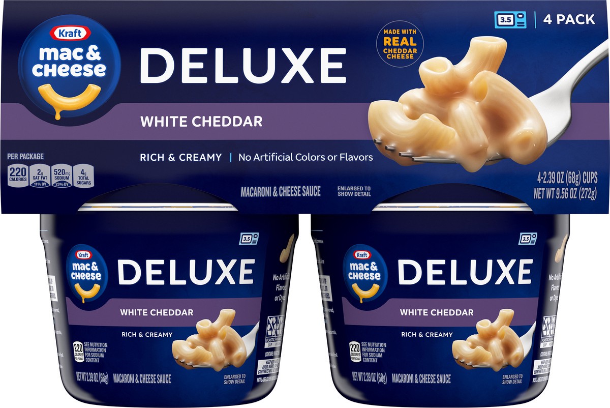 slide 4 of 9, Kraft Deluxe White Cheddar Mac & Cheese Macaroni and Cheese Dinner, 4 ct Pack, 2.39 oz Cups, 4 ct