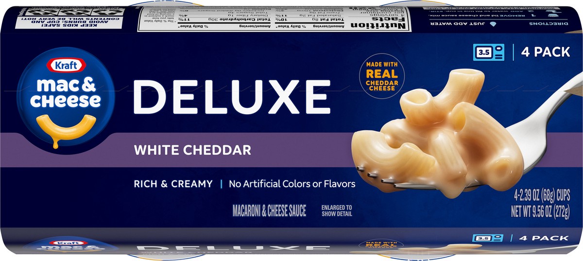 slide 3 of 9, Kraft Deluxe White Cheddar Mac & Cheese Macaroni and Cheese Dinner, 4 ct Pack, 2.39 oz Cups, 4 ct