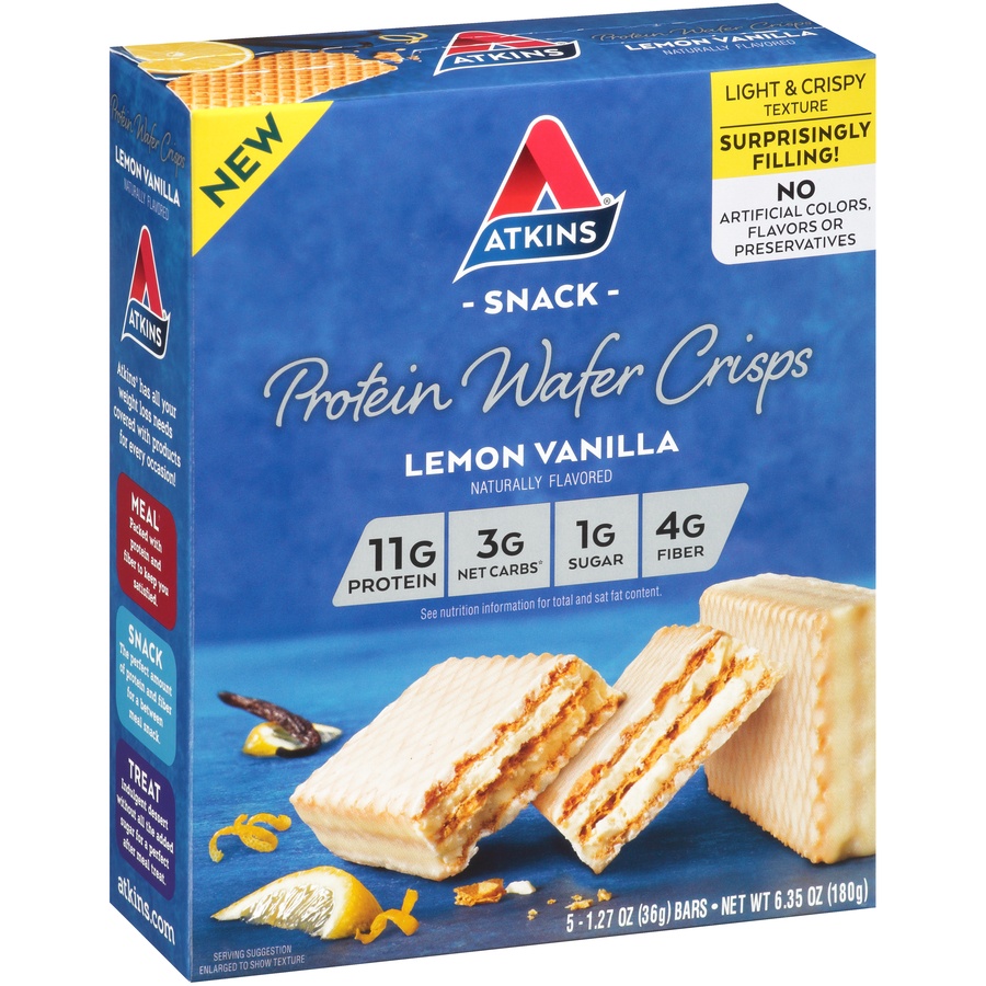 slide 3 of 8, Atkins Protein Lemon Vanilla Wafer Crisps, 5 ct; 1.27 oz