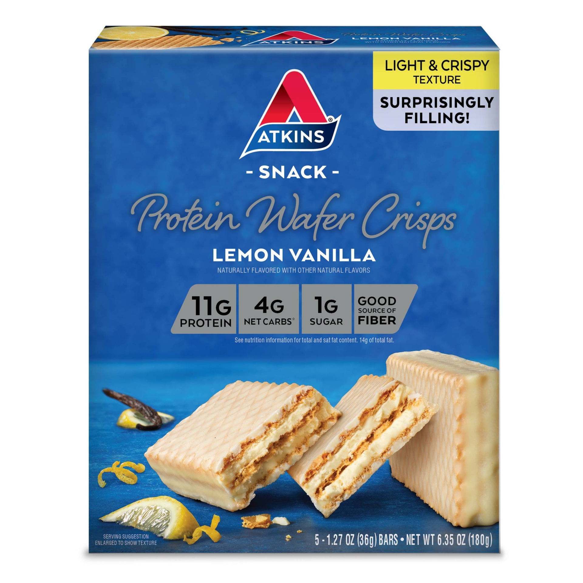 slide 1 of 8, Atkins Protein Lemon Vanilla Wafer Crisps, 5 ct; 1.27 oz