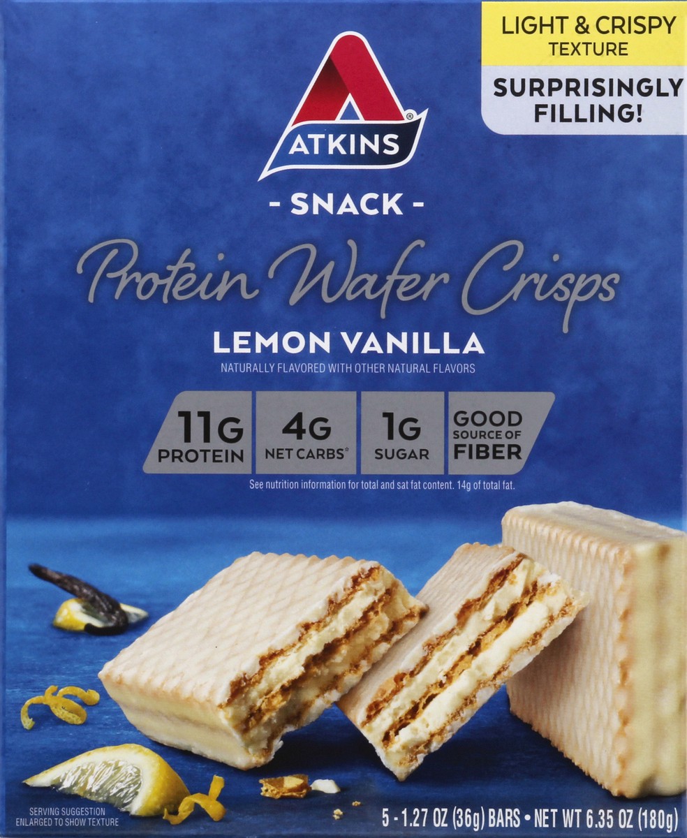 slide 1 of 9, Atkins Lemon Vanilla Protein Wafer Crisps 5Pk, 6.35 oz