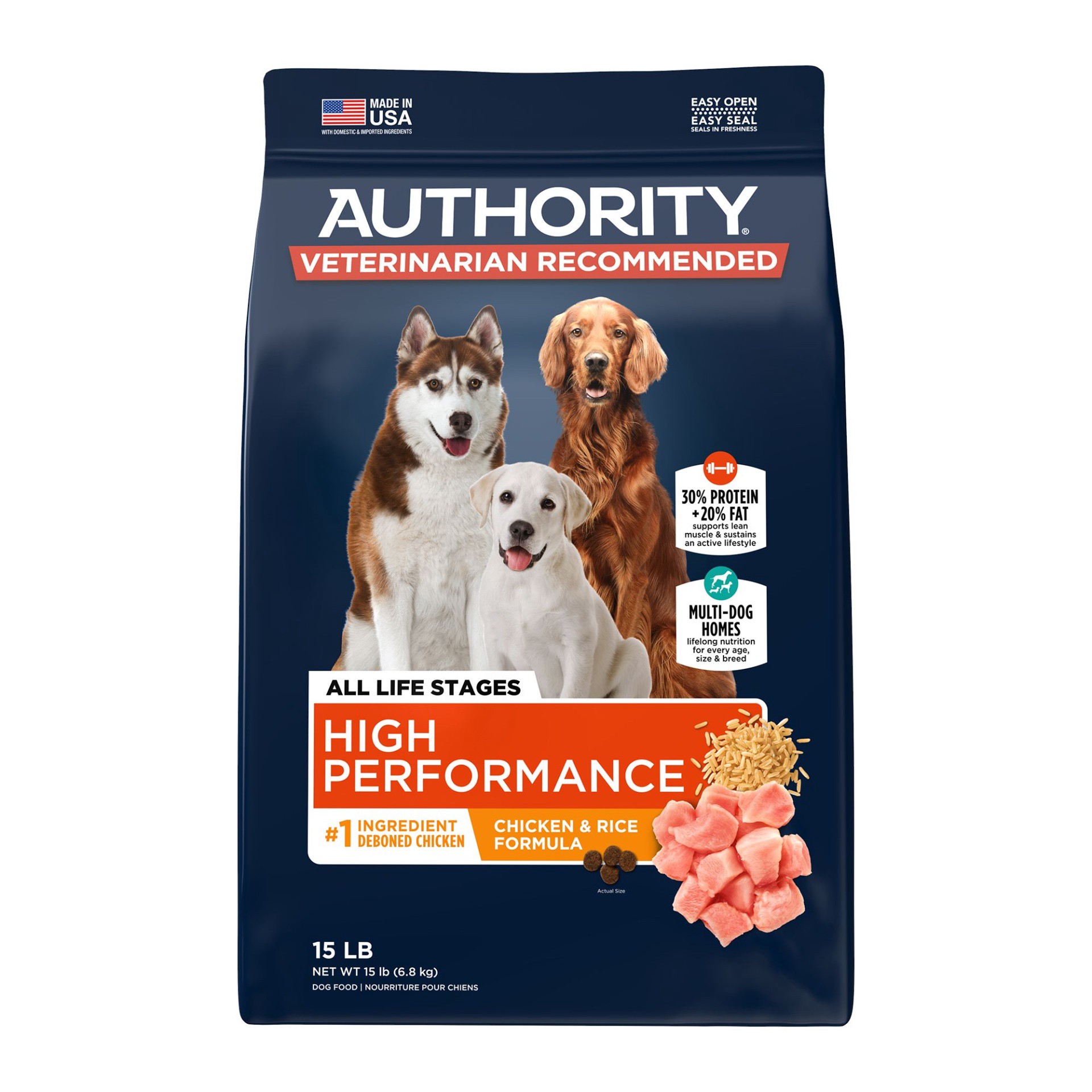 slide 1 of 1, Authority Everyday Health High Performance All Life Stage Dry Dog Food - Chicken & Rice, 15 lb