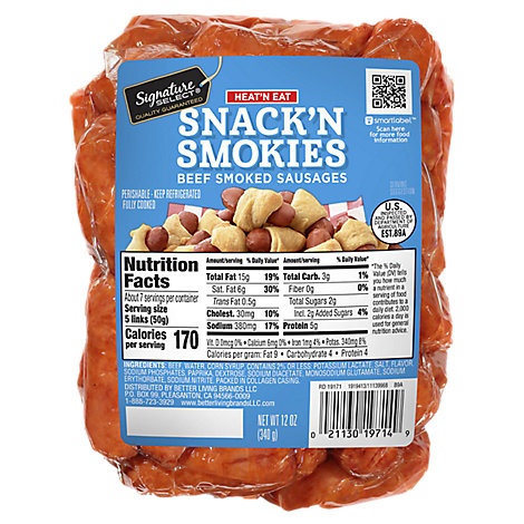 slide 1 of 1, Signature Select Heat N Eat Snack N Smokies Beef Smoked Sausages, 12 oz