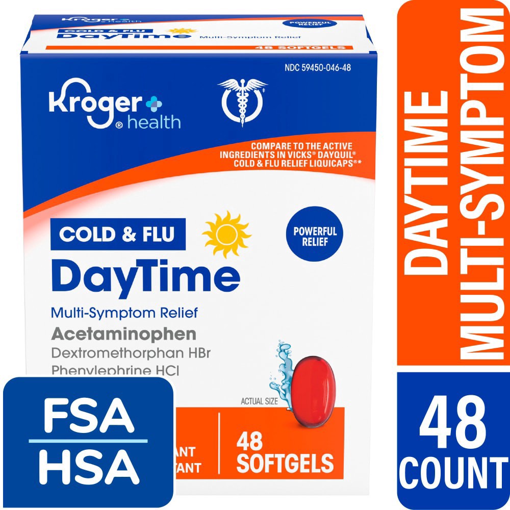 slide 1 of 4, Kroger® Multi-Symptom Cold and Flu DayTime Cold Medicine Softgels, 48 ct
