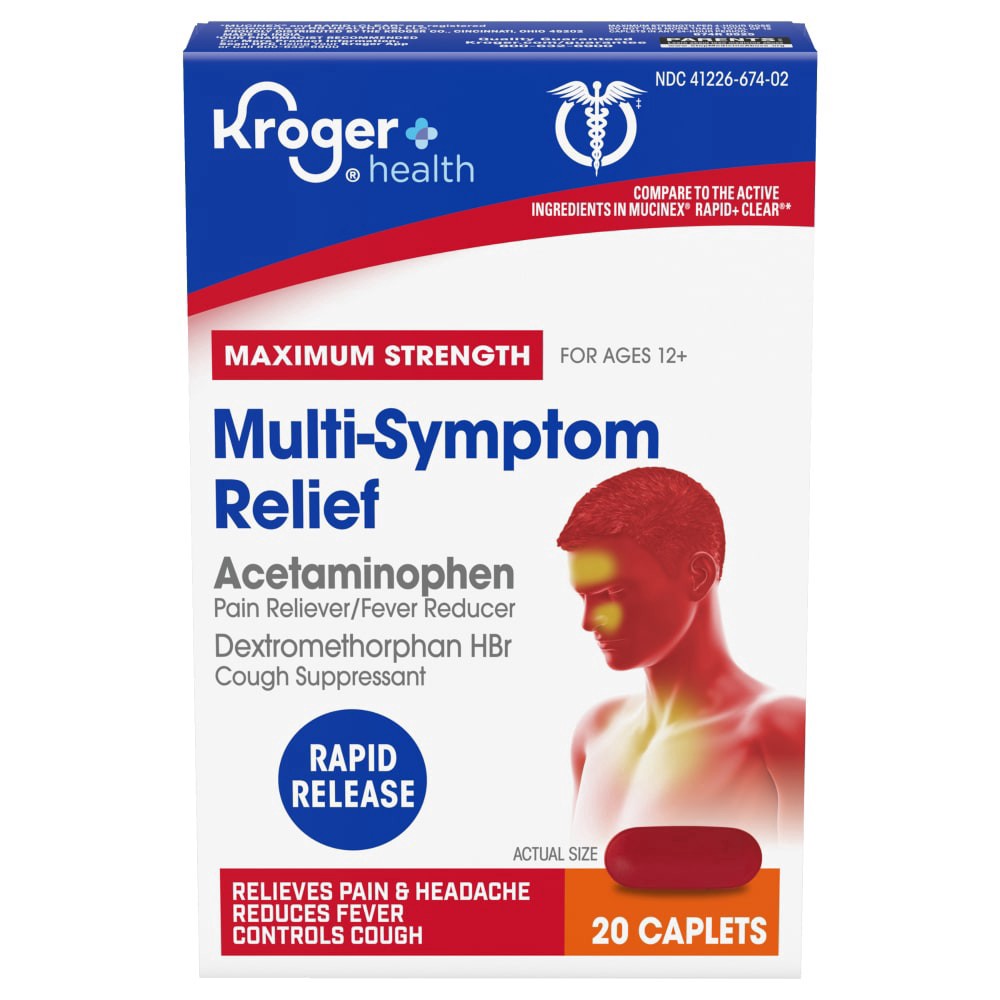 slide 2 of 4, Kroger® Maximum Strength Multi-Symptom Rapid Release Cold Medicine Caplets, 20 ct