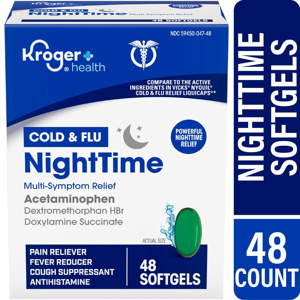 slide 2 of 4, Kroger® Multi-Symptom Cold and Flu NightTime Cold Medicine Softgels, 48 ct