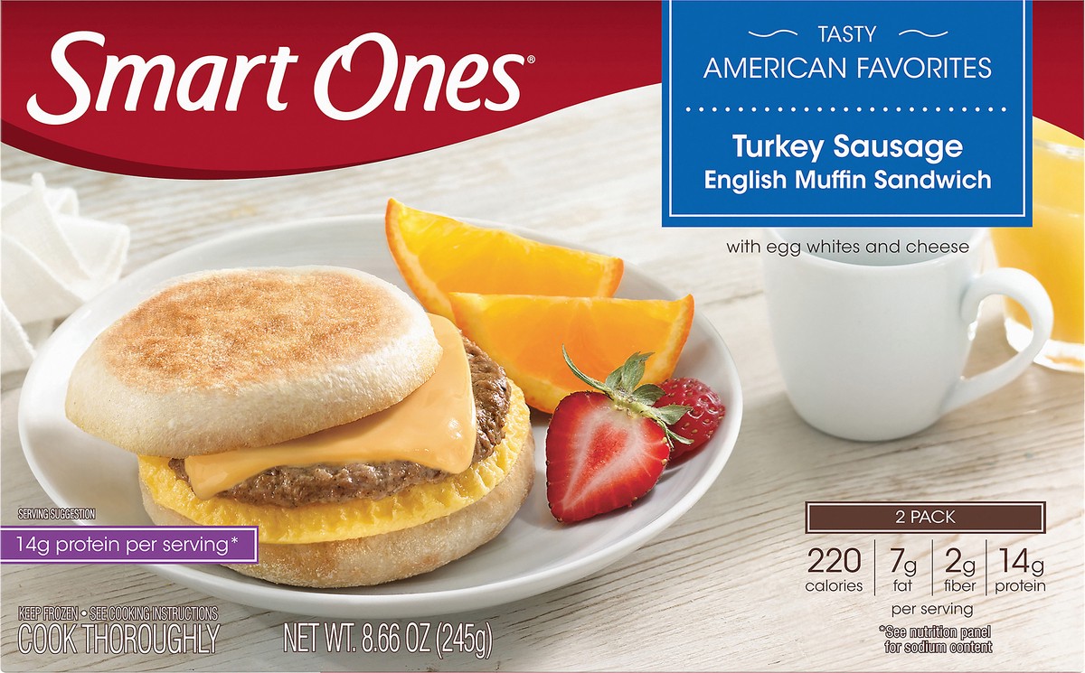 slide 4 of 10, Smart Ones Turkey Sausage English Muffin Sandwich with Egg Whites & Cheese Frozen Meal, 2 ct Box, 2 ct