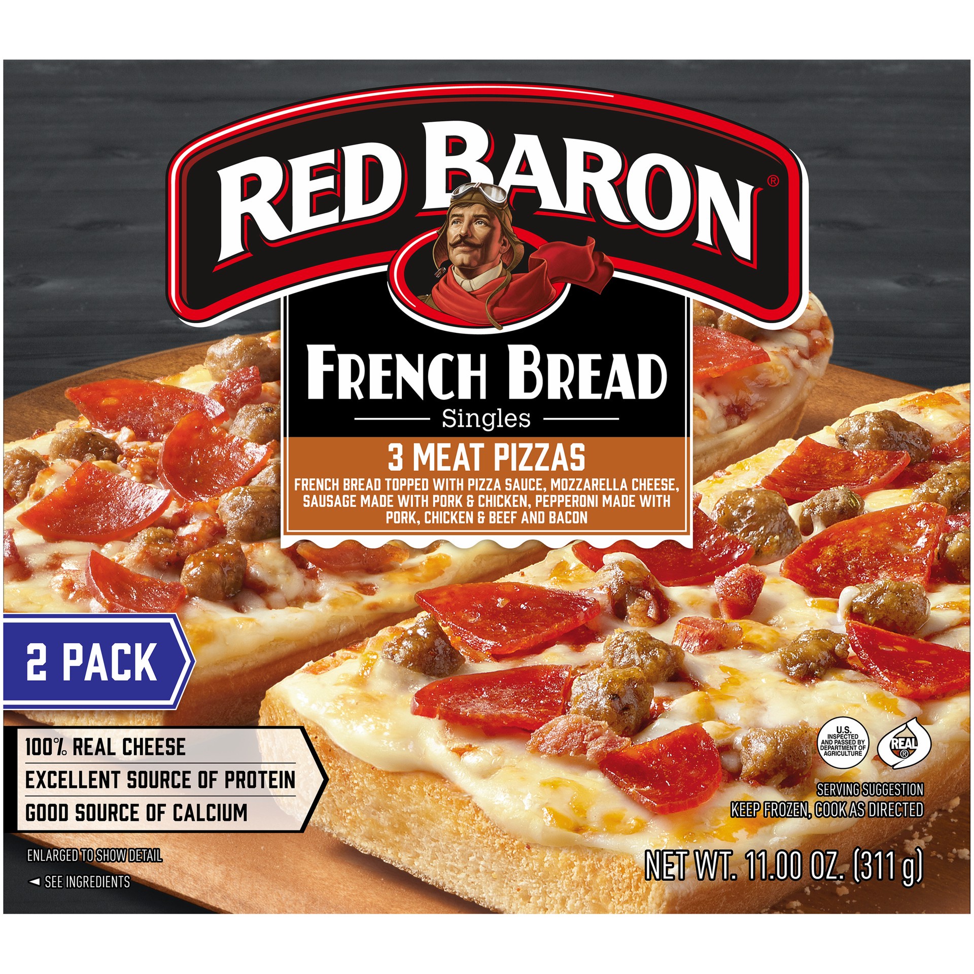 slide 2 of 5, Red Baron French Bread Three Meat Frozen Pizza - 11oz, 2 ct