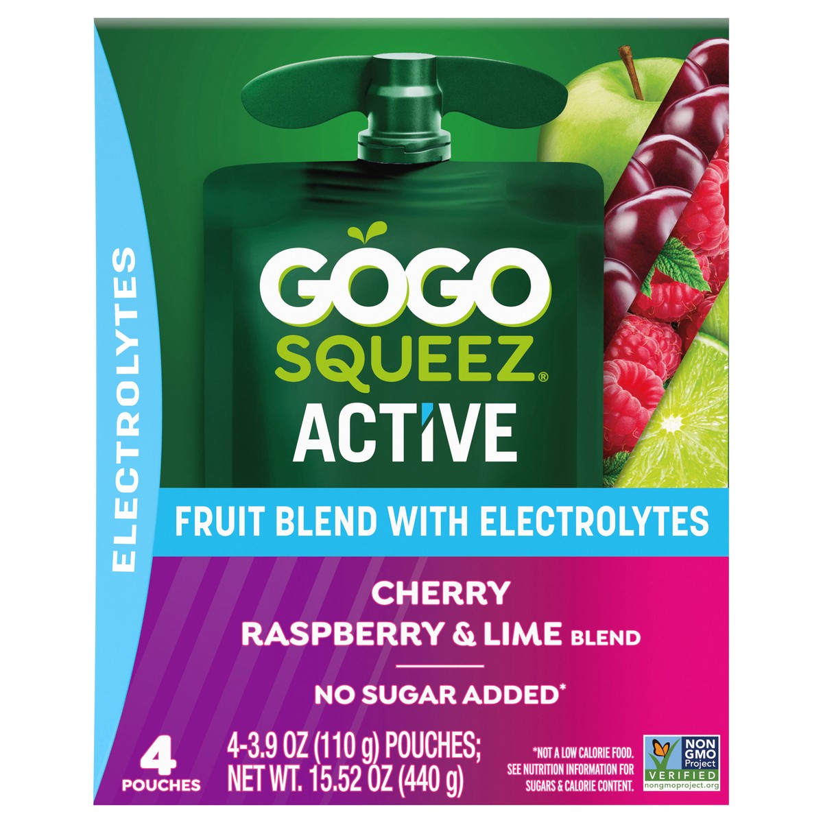 slide 1 of 11, GoGo squeeZ Cherry Raspberry & Lime Fruit Blend with Electrolytes - 4 x 3.9 oz Pouches, 4 ct