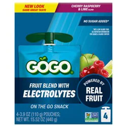 GoGo squeeZ Cherry Raspberry & Lime Fruit Blend with Electrolytes - 4 x 3.9 oz Pouches