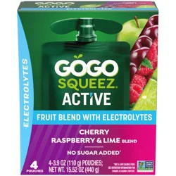 GoGo squeeZ Cherry Raspberry & Lime Fruit Blend with Electrolytes 4 - 3.9 oz Pouches