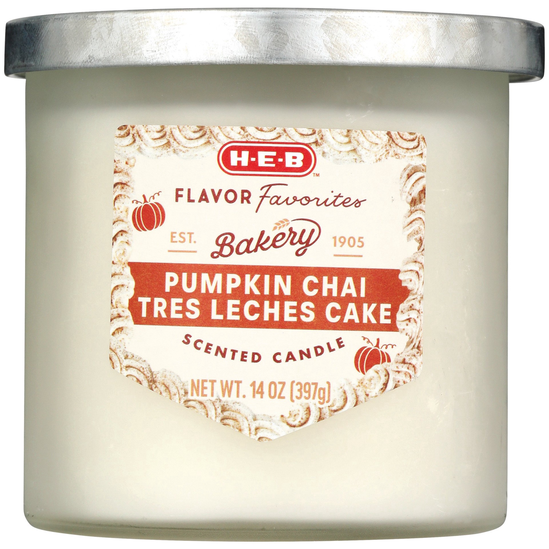 slide 1 of 1, H-E-B Flavor Favorites Pumpkin Chai Tres Leches Cake Scented Candle, 14 oz