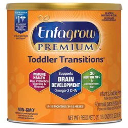 Enfagrow Premium Toddler Transitions Nutritional Drink, Natural Milk Flavor, Omega-3 DHA for Brain Support, Prebiotics & Vitamins for Immune Health, Non-GMO, Powder Can, 20 Oz