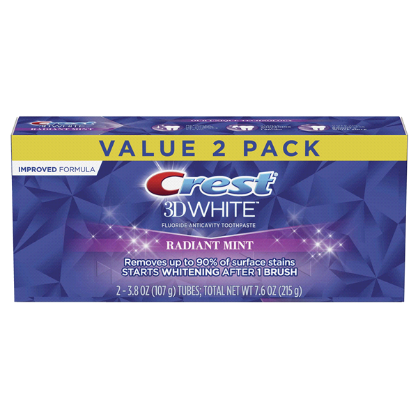 slide 1 of 1, Crest 3D White Fluoride Anticavity Toothpaste, Radiant Mint, 2 ct; 3.8 oz