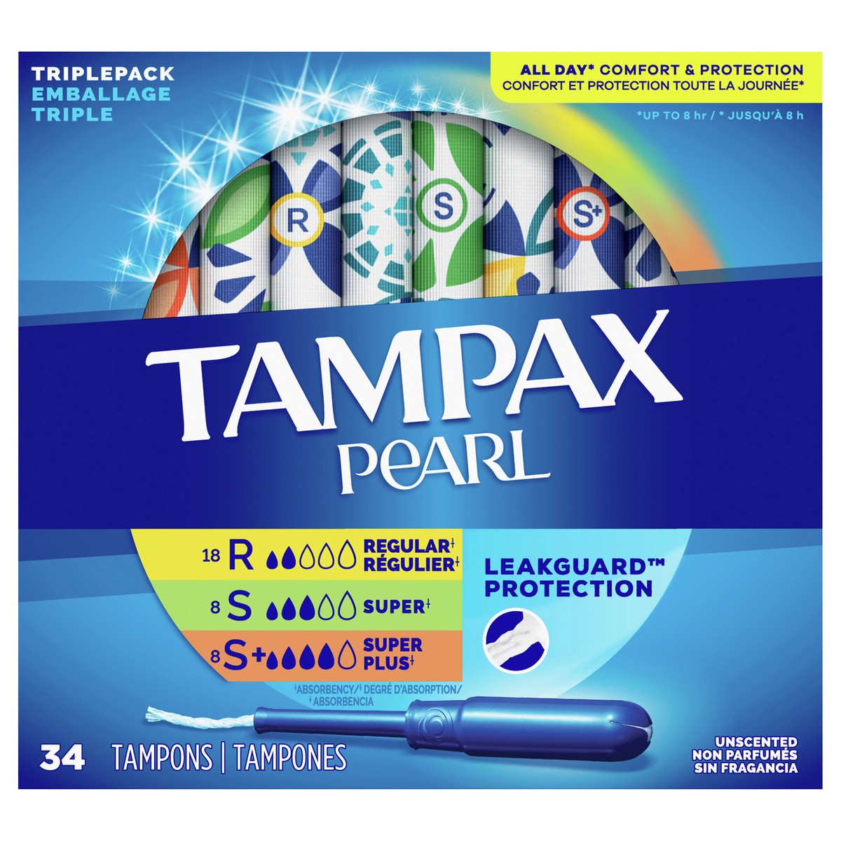 slide 1 of 7, Tampax Pearl Tampons Trio Pack, with LeakGuard Braid, Regular/Super/Super Plus Absorbency, Unscented, 34 Count, 34 ct