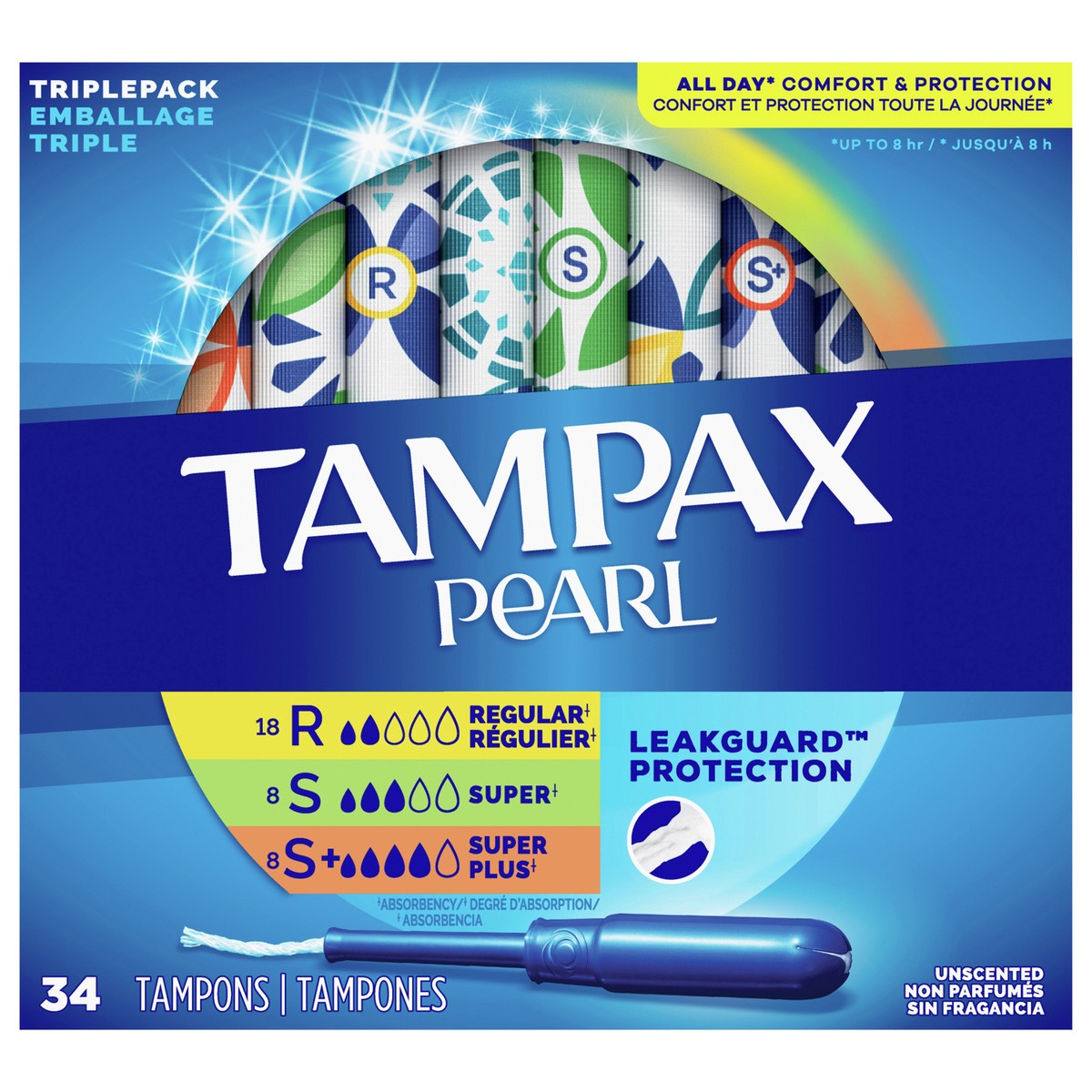 slide 1 of 7, Tampax Pearl Tampons Trio Multipack, with LeakGuard Braid, Regular/Super/Super Plus Absorbency, Unscented, 34 Count, 34 ct