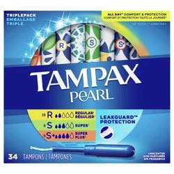 Tampax Pearl Tampons Trio Pack, with LeakGuard Braid, Regular/Super/Super Plus Absorbency, Unscented, 34 Count
