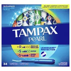 Tampax Pearl Tampons Trio Pack, with LeakGuard Braid, Regular/Super/Super Plus Absorbency, Unscented, 34 Count