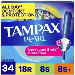 Tampax Pearl Tampons Multipack, with LeakGuard Braid, Regular/Super/Super Plus Absorbency, Unscented, 34 Count