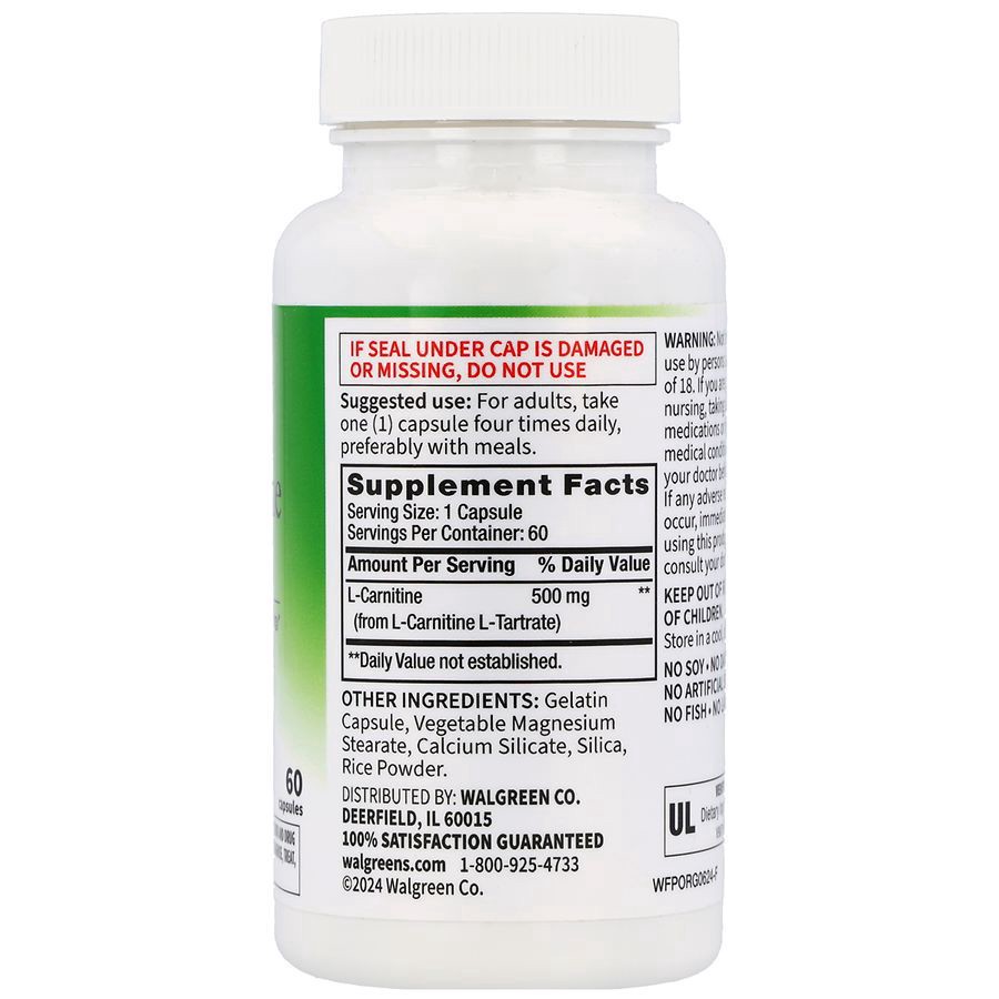 slide 5 of 5, Walgreens Free & Pure L-Carnitine 500 mg Capsules, 60 ct