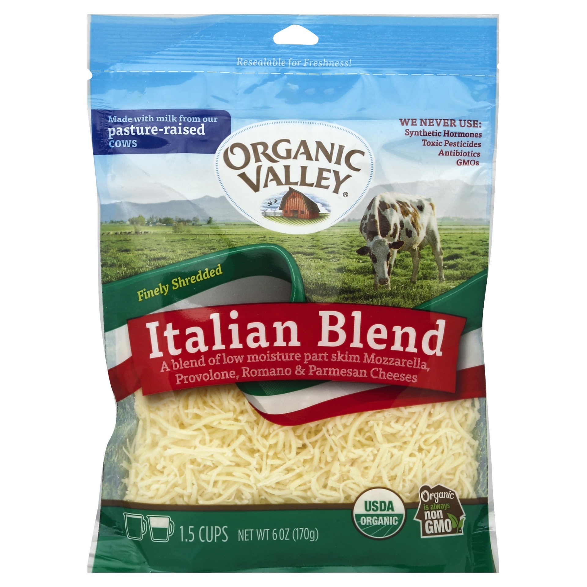 slide 1 of 1, Organic Valley Finely Shredded Italian Blend Cheese, 6 oz