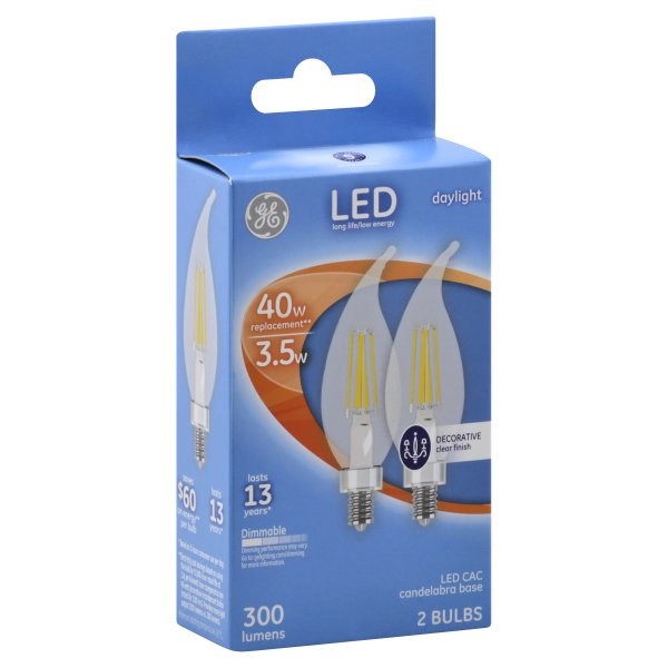 slide 1 of 1, GE LED 3.5-Watt (40-Watt) Daylight Decorative Clear Finish Light Bulb Candelabra Base, 2 ct