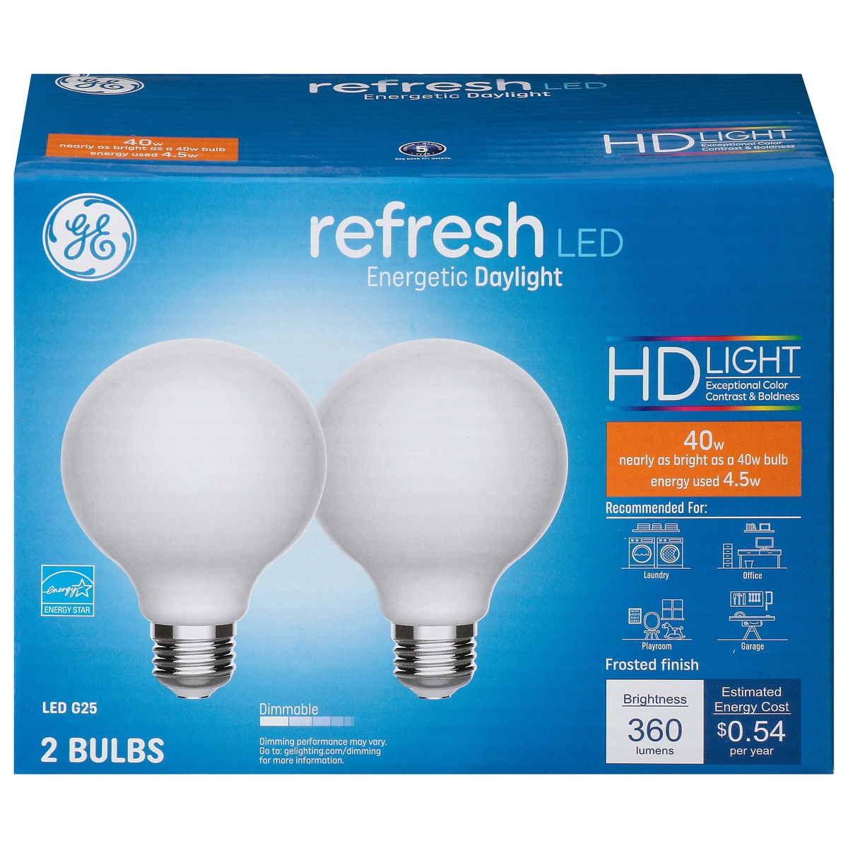 slide 1 of 1, GE Refresh 40 W Equivalent Dimmable Daylight G25 LED Light Fixture Light Bulbs, 2 ct