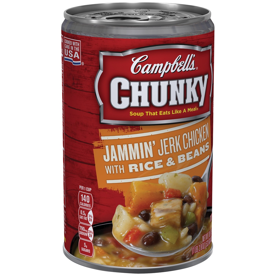 slide 1 of 4, Campbell's Chunky Jammin' Jerk Chicken with Rice & Beans Soup, 18.8 oz