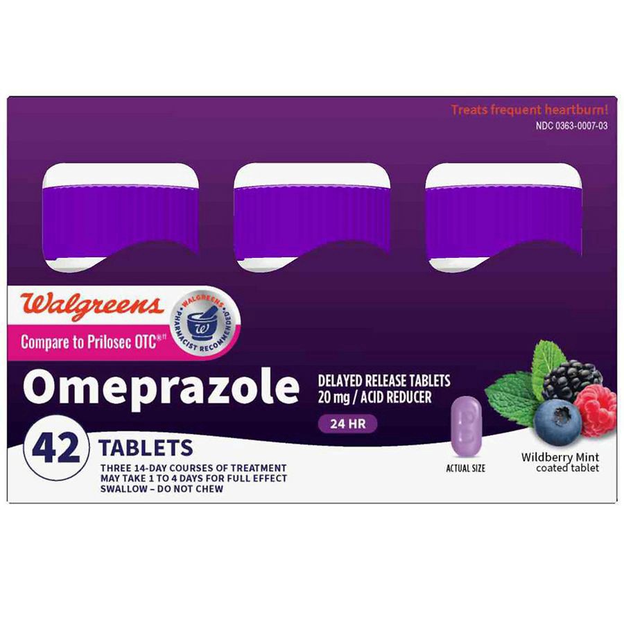 slide 1 of 5, Walgreens Omeprazole Delayed Release Tablets 20 mg, Acid Reducer Wildberry Mint, 42 ct