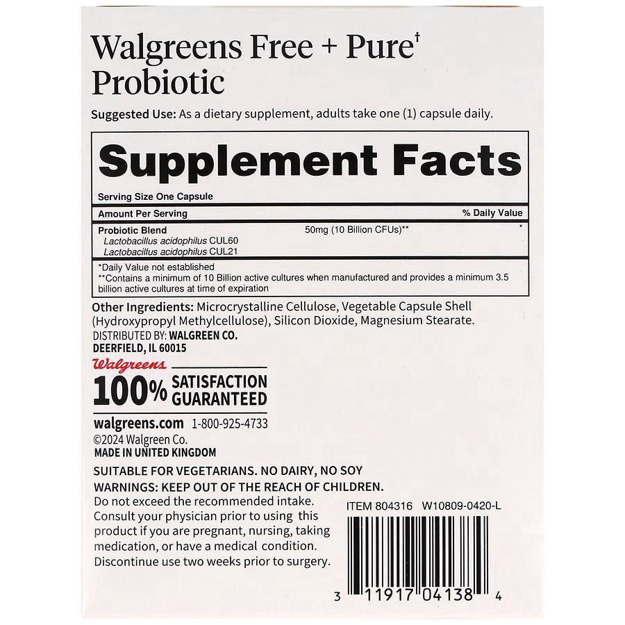 slide 4 of 5, Walgreens Free & Pure Probiotic 10 Billion Active Cultures Capsules, 60 ct