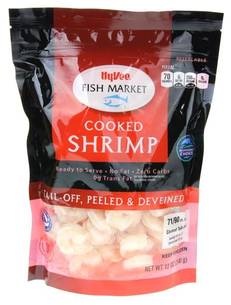 slide 1 of 1, Hy-Vee Fish Market Cooked Shrimp 71-90 Count, 12 oz