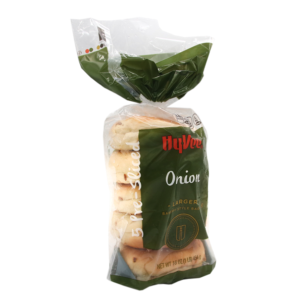 slide 1 of 1, Hy-vee Onion Larger Bakery Style Bagels, 5 ct; 16 oz