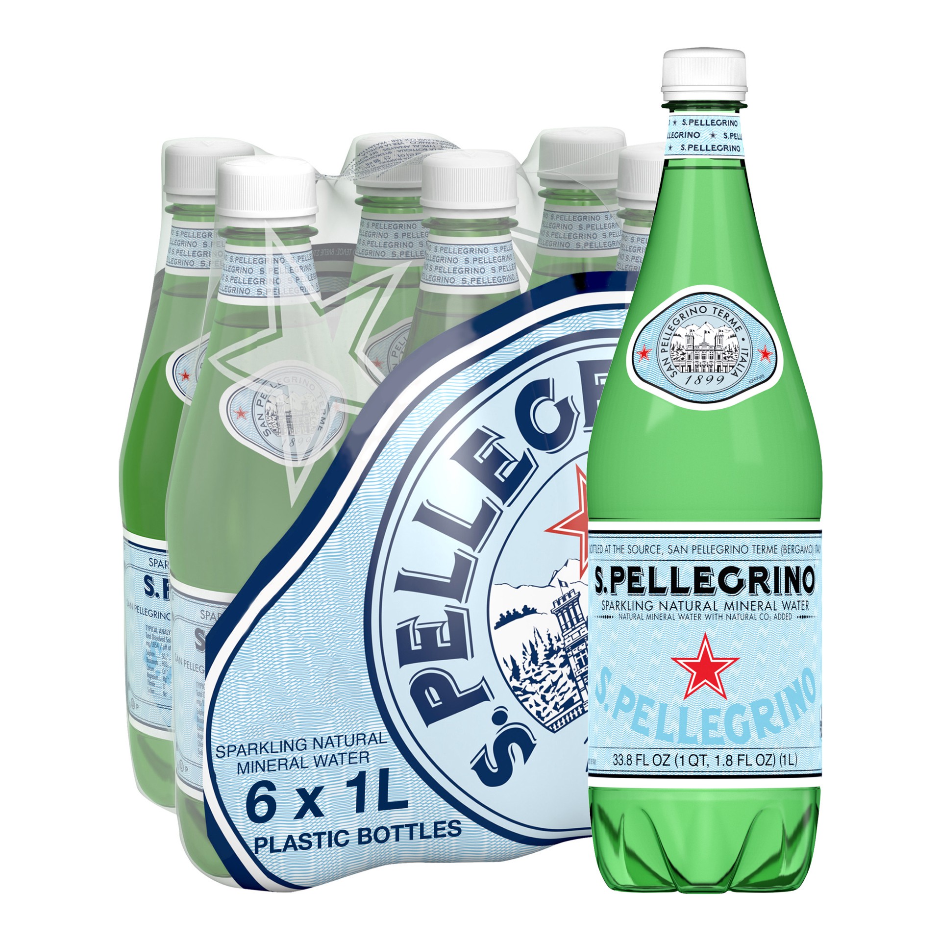 slide 1 of 8, S.Pellegrino Sparkling Natural Mineral Water, 6 Pack of 33.8 Fl Oz (1 L) Plastic Bottles, 33.8 fl oz