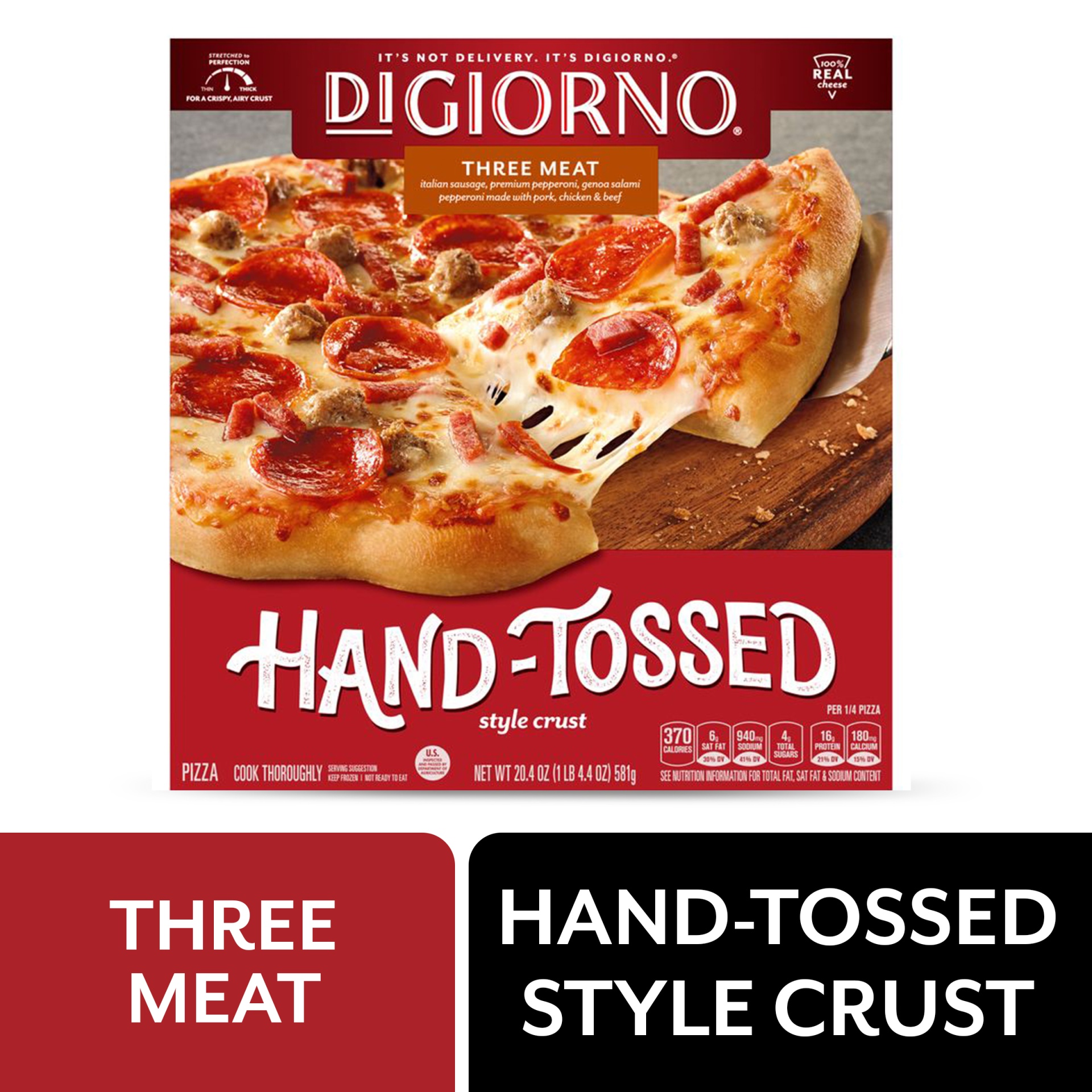 slide 1 of 6, DIGIORNO Three Meat Frozen Pizza on a Hand-Tossed Style Crust, 20.5 oz