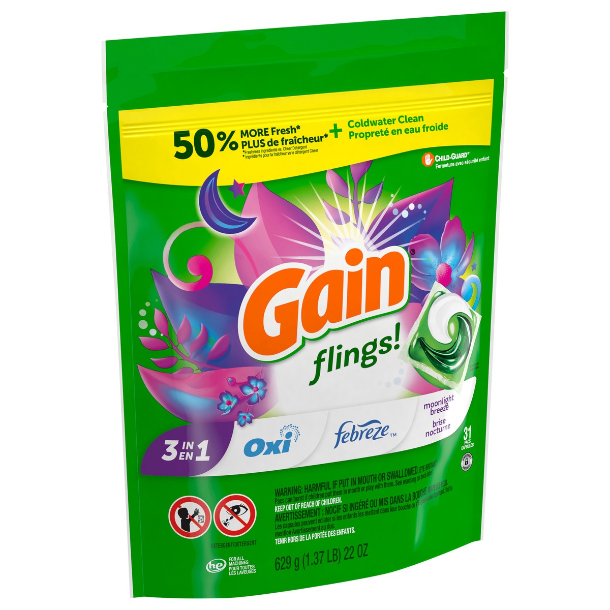 slide 7 of 8, Gain Flings Laundry Detergent Pacs, 31 Count, Moonlight Breeze Scent, with Odor Defense, concentrated laundry soap pacs, 31 ct