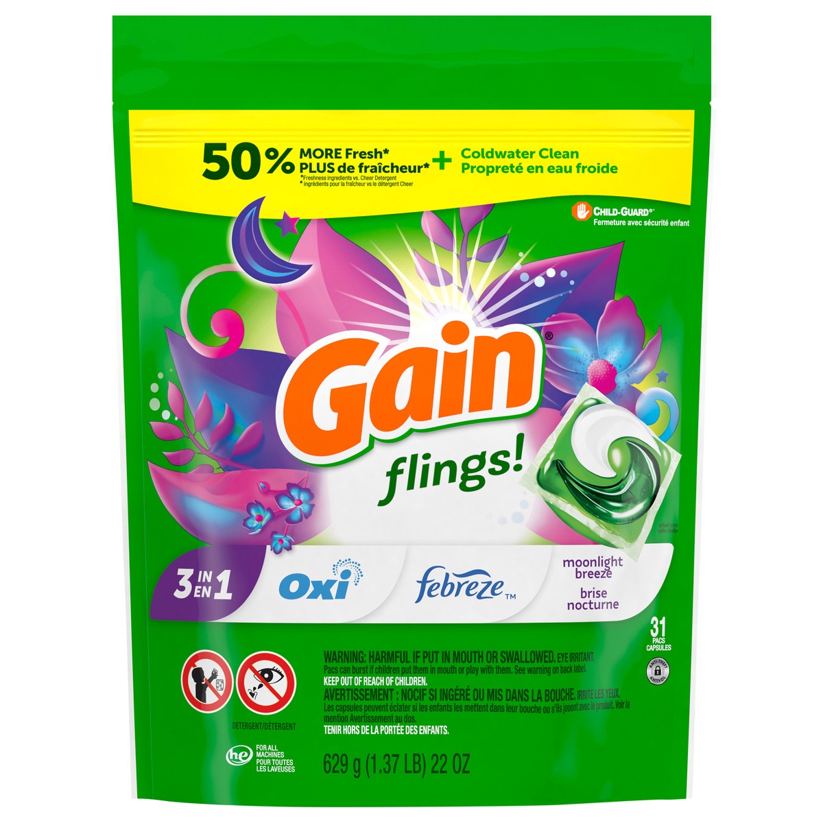 slide 6 of 8, Gain Flings Laundry Detergent Pacs, 31 Count, Moonlight Breeze Scent, with Odor Defense, concentrated laundry soap pacs, 31 ct
