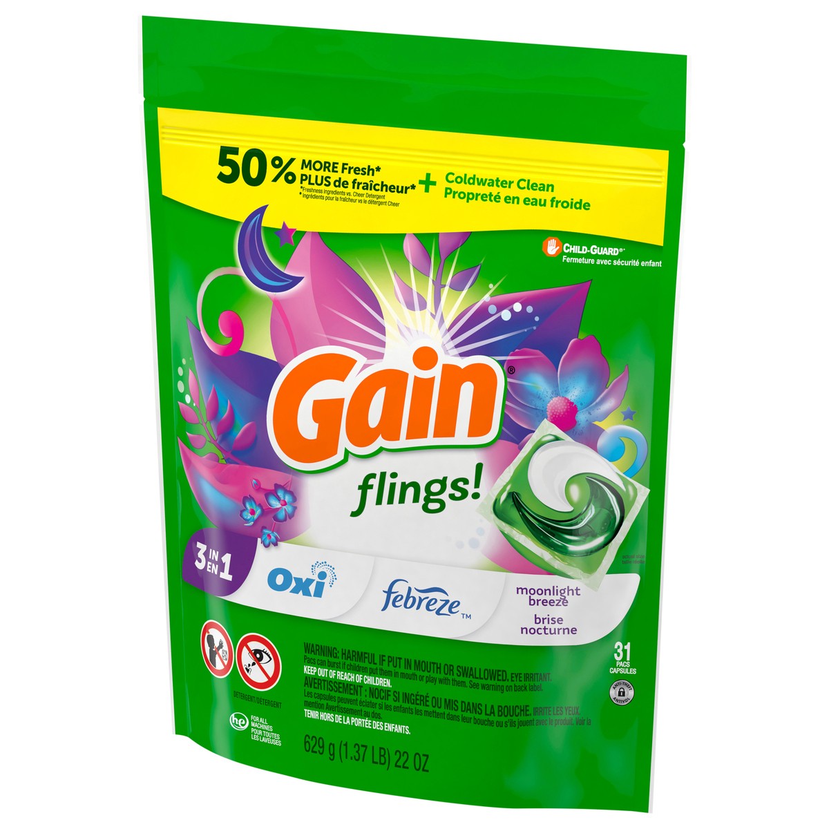 slide 8 of 8, Gain Flings Laundry Detergent Pacs, 31 Count, Moonlight Breeze Scent, with Odor Defense, concentrated laundry soap pacs, 31 ct