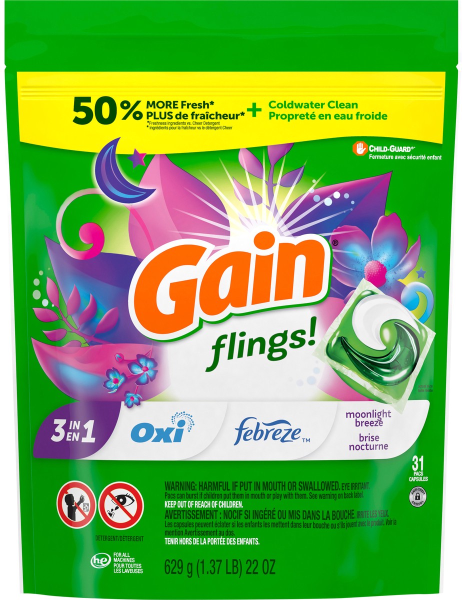 slide 4 of 8, Gain Flings Laundry Detergent Pacs, 31 Count, Moonlight Breeze Scent, with Odor Defense, concentrated laundry soap pacs, 31 ct