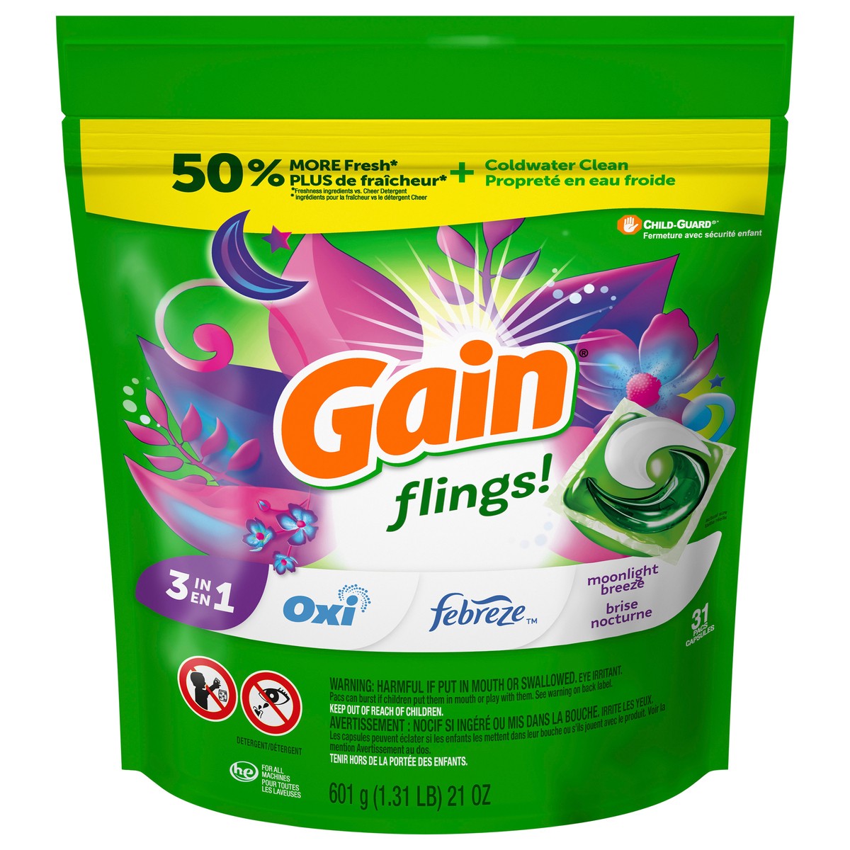 slide 1 of 8, Gain Flings Laundry Detergent Pacs, 31 Count, Moonlight Breeze Scent, with Odor Defense, concentrated laundry soap pacs, 31 ct