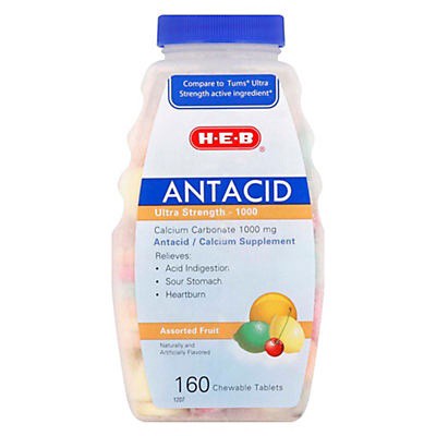 slide 1 of 1, H-E-B Antacid Ultra Strength 1000 mg Assorted Fruit Chewable Tablets, 160 ct
