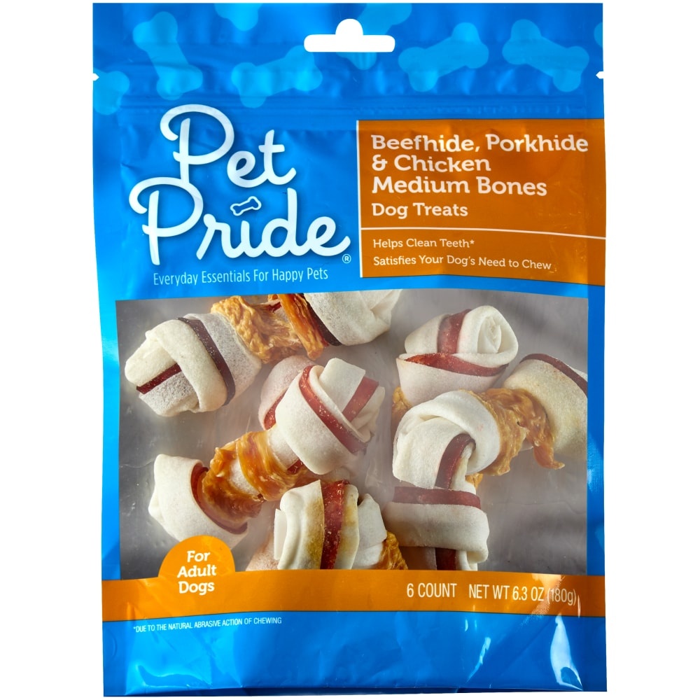 slide 1 of 1, Pet Pride Pork Beef and Chicken Medium Rawhide Bones, 6 ct