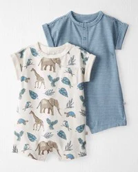 Littleplanet Baby 2-Pack Organic Cotton Rompers Blue Stripes, Safari Print 18M
