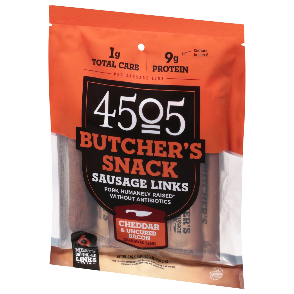 slide 2 of 13, 4505 Meats Butcher's Snack Cheddar & Uncured Bacon Sausage Links 6 - 1 oz Links, 6 ct