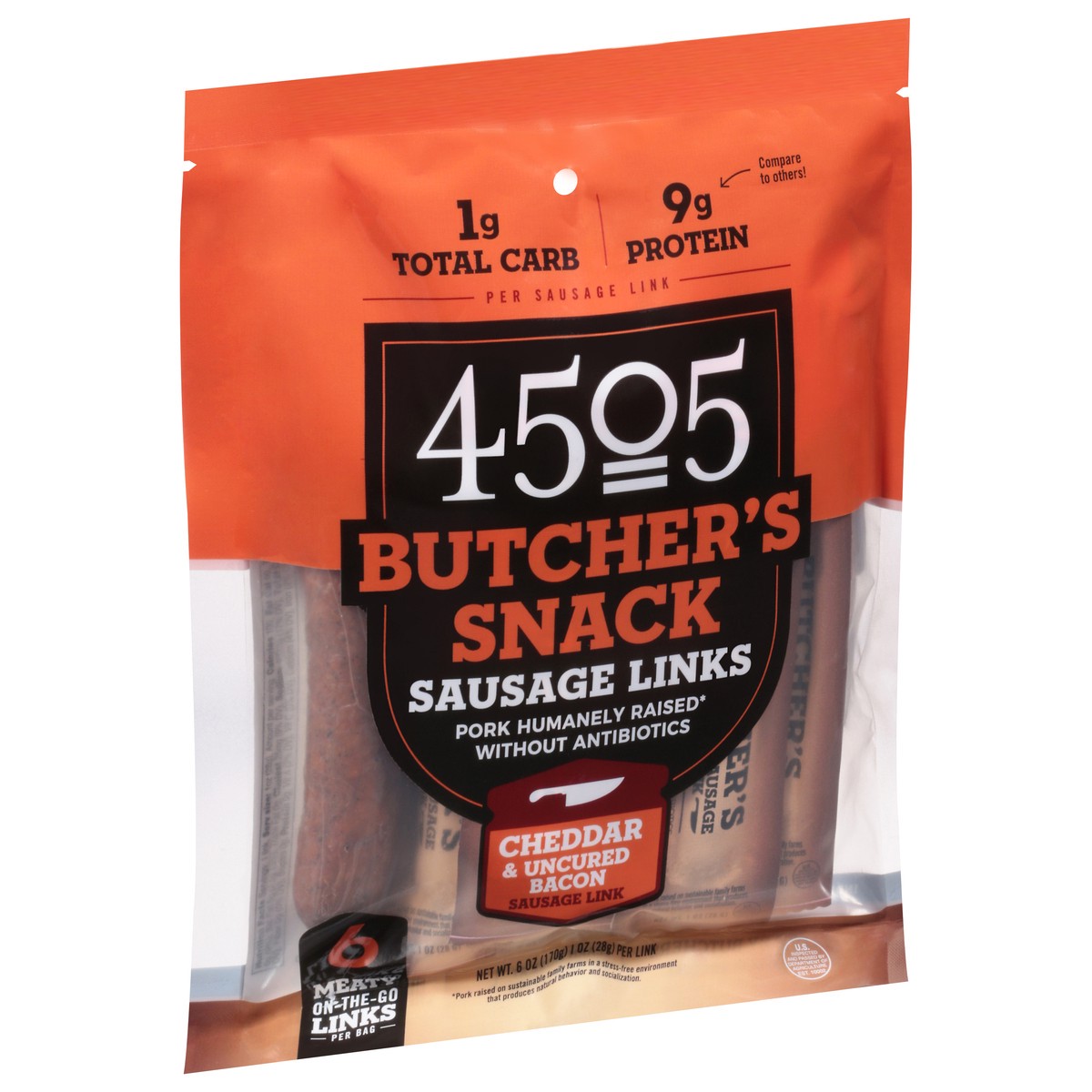 slide 11 of 13, 4505 Meats Butcher's Snack Cheddar & Uncured Bacon Sausage Links 6 - 1 oz Links, 6 ct