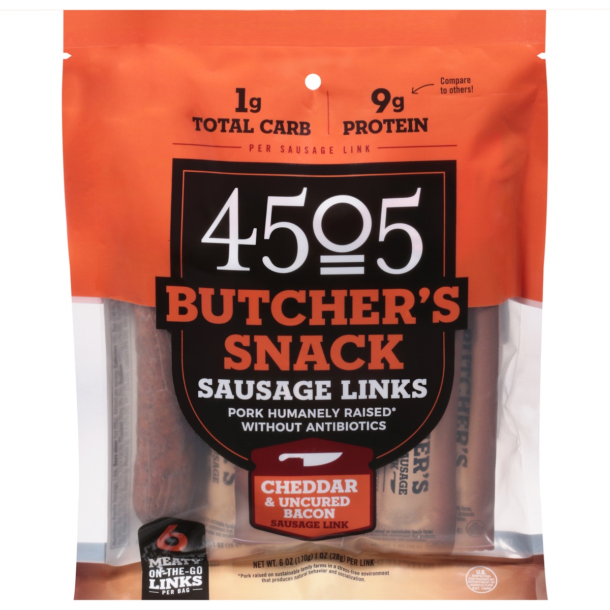 slide 1 of 1, 4505 Meats Butcher's Snack Cheddar & Uncured Bacon Sausage Links 6 - 1 oz Links, 6 ct