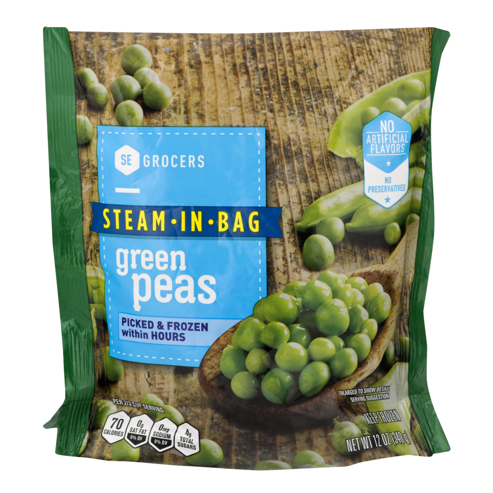 slide 1 of 1, SE Grocers Steam-In-Bag Green Peas, 12 oz