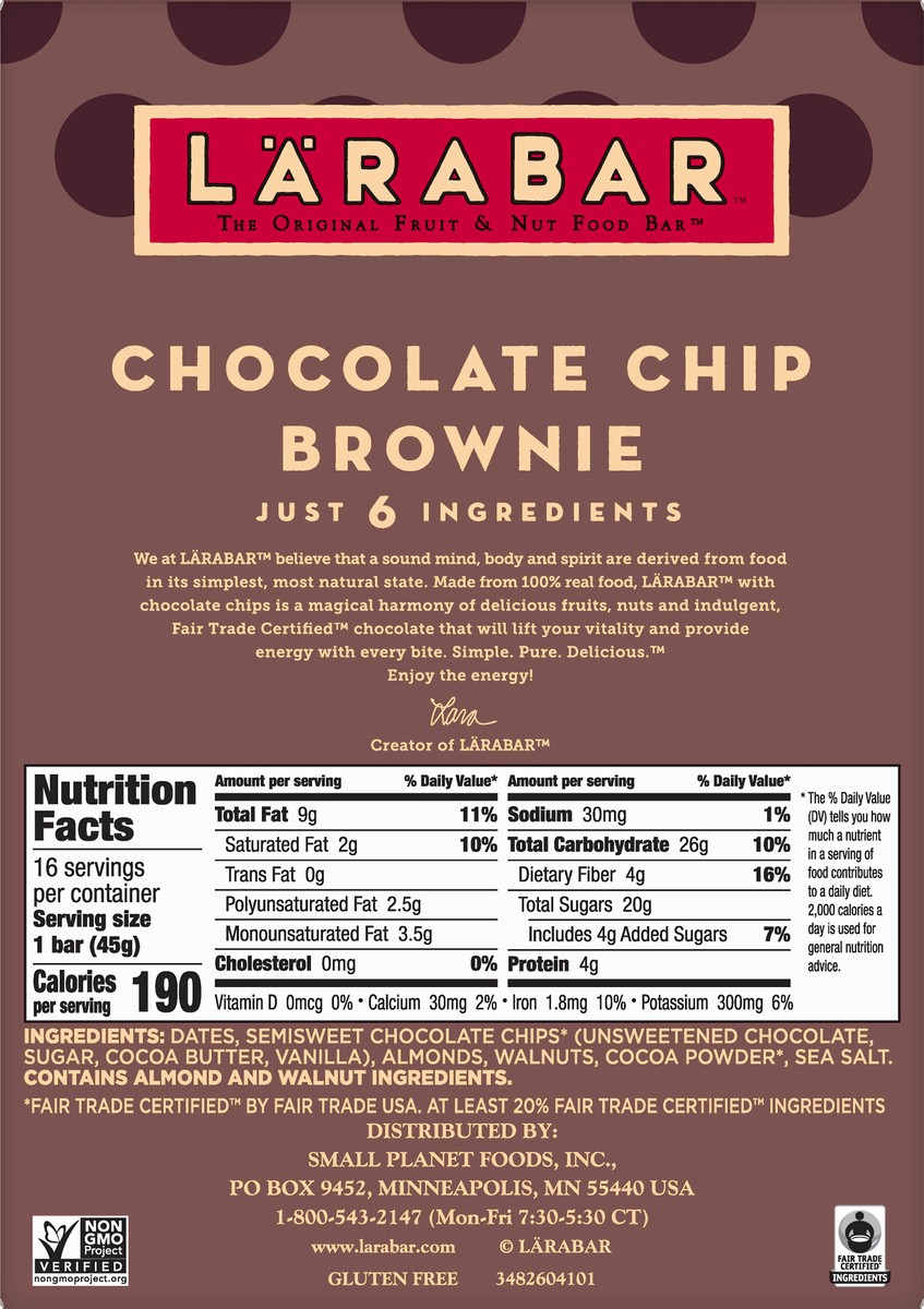 slide 8 of 9, LÄRABAR Chocolate Chip Brownie, Gluten Free Vegan Fruit & Nut Bar, 16 Ct, 16 ct; 1.6 oz