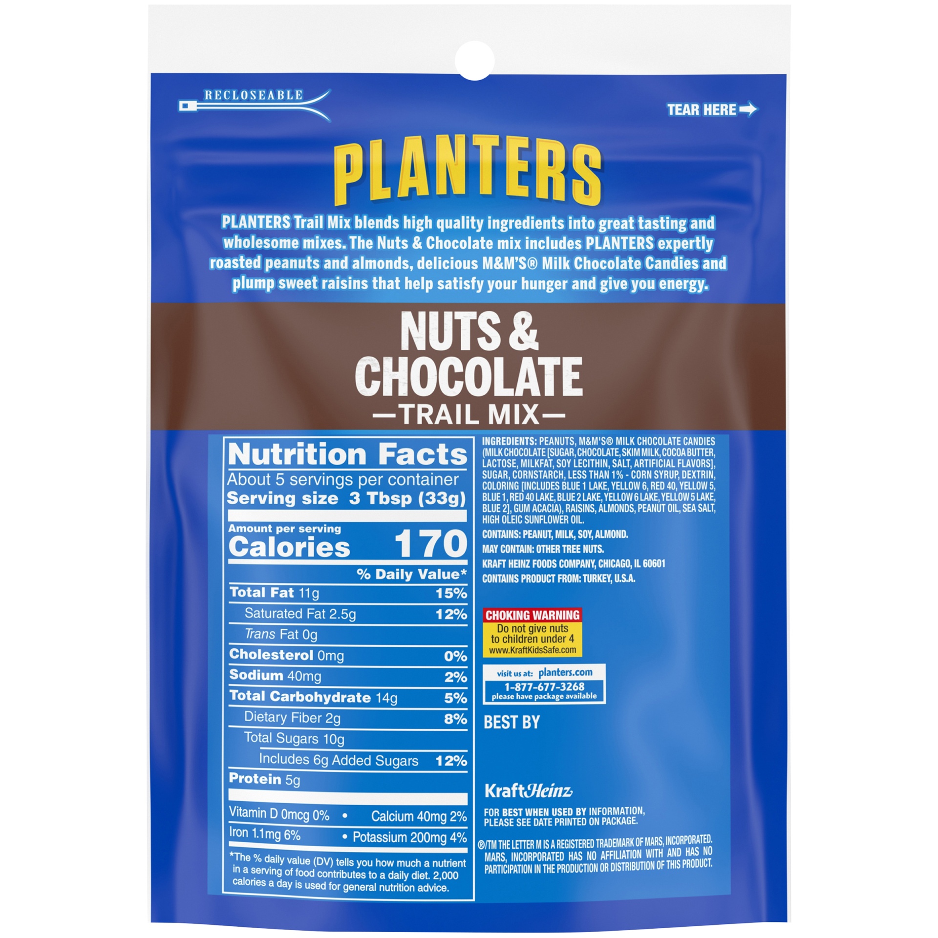 Planters Nuts & Chocolate Trail Mix with Roasted Peanuts, M&M Chocolate  Candies, Raisins & Roasted Almonds, 1.19 lb Bag 