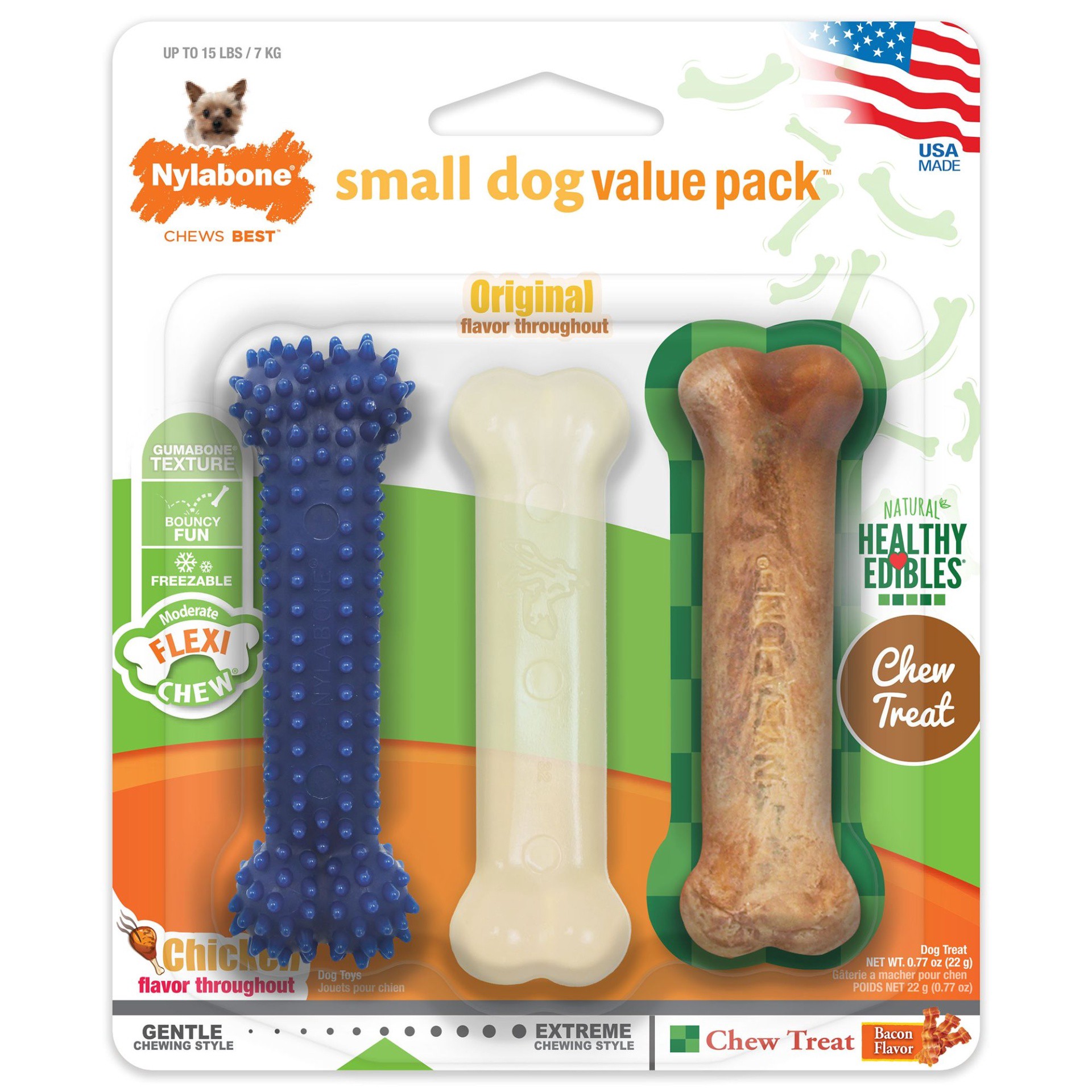 slide 1 of 1, Nylabone Small Dog Value Pack Dental/Bacon/Flexible, 1 ct